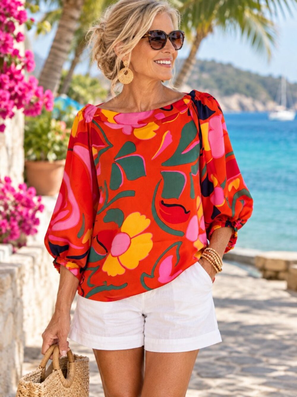 NWT Sugarlips XS Bright Floral Balloon Sleeve Blouse Tropical Resort Top